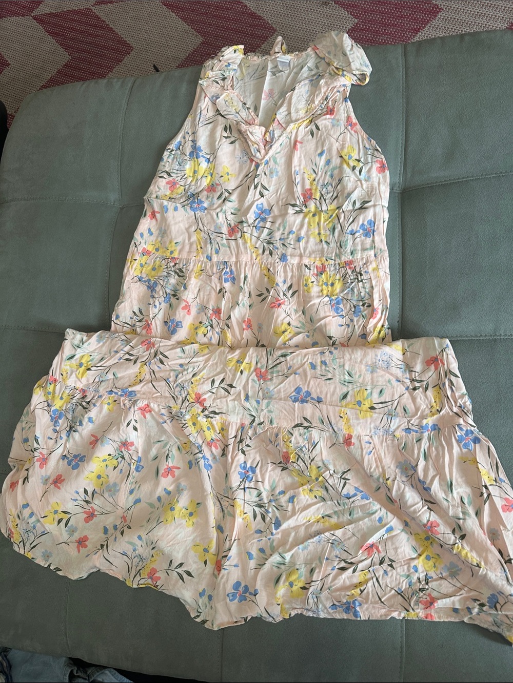 Sleeveless Cream Floral Ruffle Neck Dress
